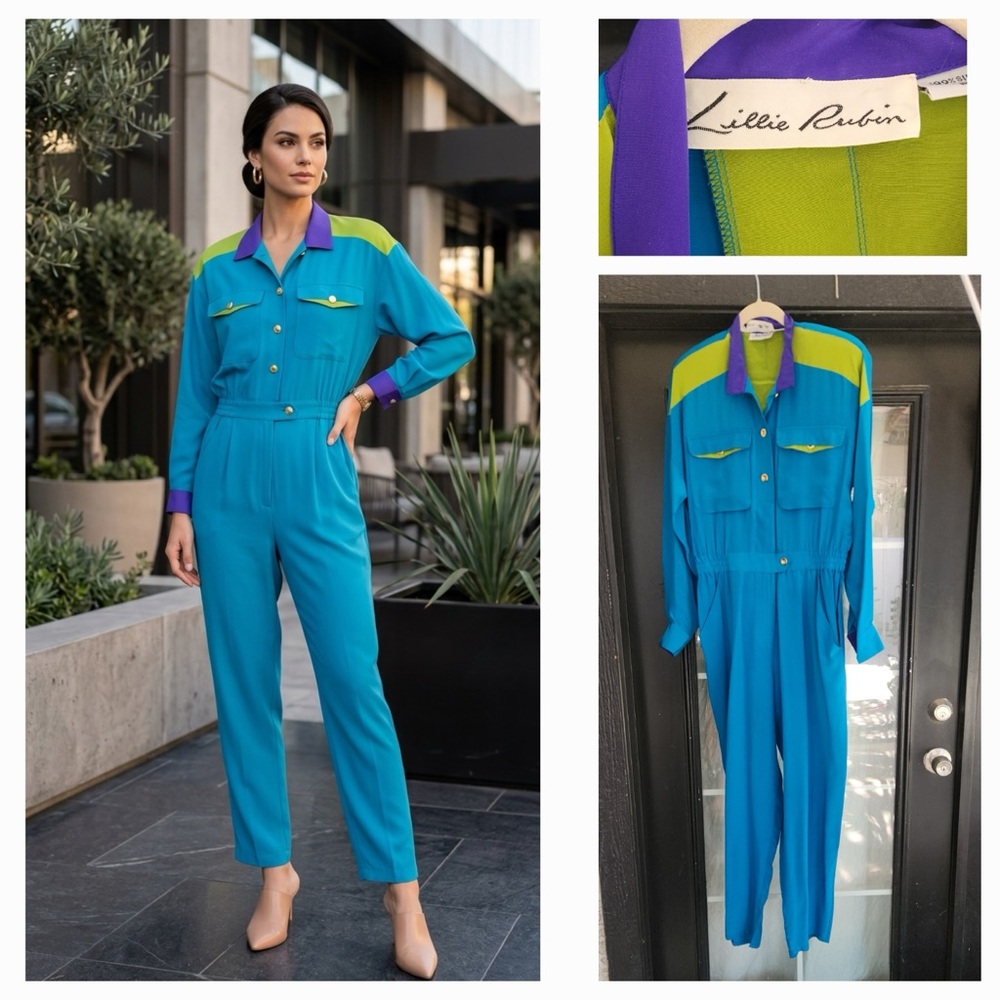 Lillie Rubin Teal Jumpsuit with Purple and Lime Details